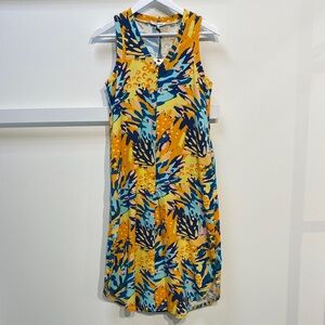 CELINA MOON Yellow and Blue Patterned Sleeveless Midi Dress